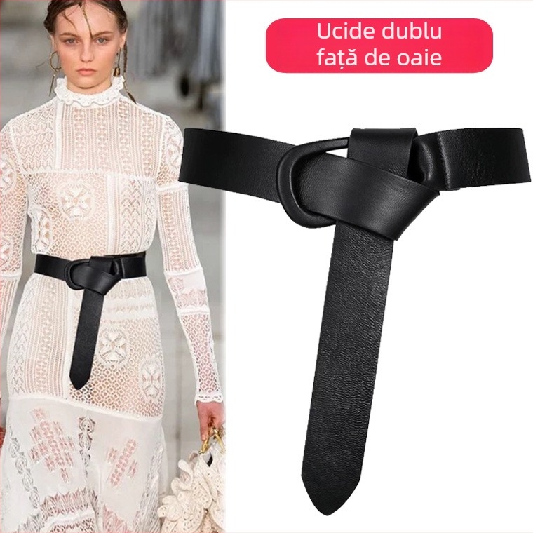 Palton damă din piele naturală, curea lată, nod decorativ, blană de miel cu două fețe, cataramă automată