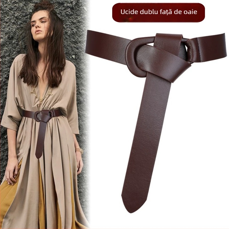 Palton damă din piele naturală, curea lată, nod decorativ, blană de miel cu două fețe, cataramă automată