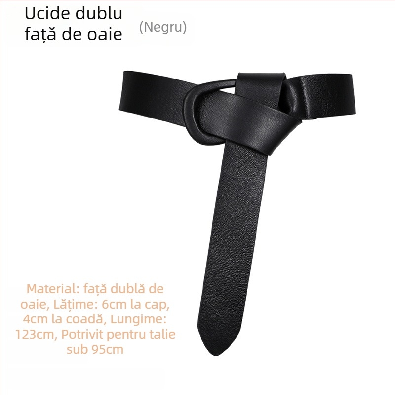 Palton damă din piele naturală, curea lată, nod decorativ, blană de miel cu două fețe, cataramă automată