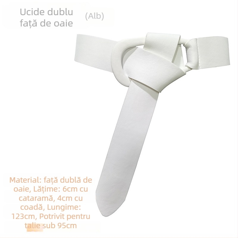 Palton damă din piele naturală, curea lată, nod decorativ, blană de miel cu două fețe, cataramă automată