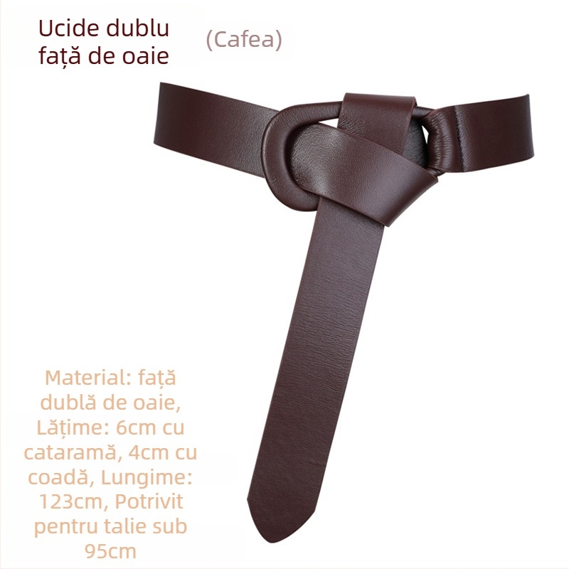 Palton damă din piele naturală, curea lată, nod decorativ, blană de miel cu două fețe, cataramă automată