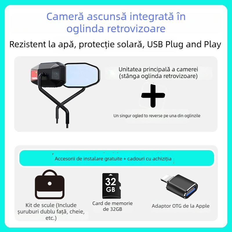 JC-H001 Cameră de bord pentru oglinda retrovizoare, unghi de vizualizare 140°, 2MP, suport până la TF Card de 128GB