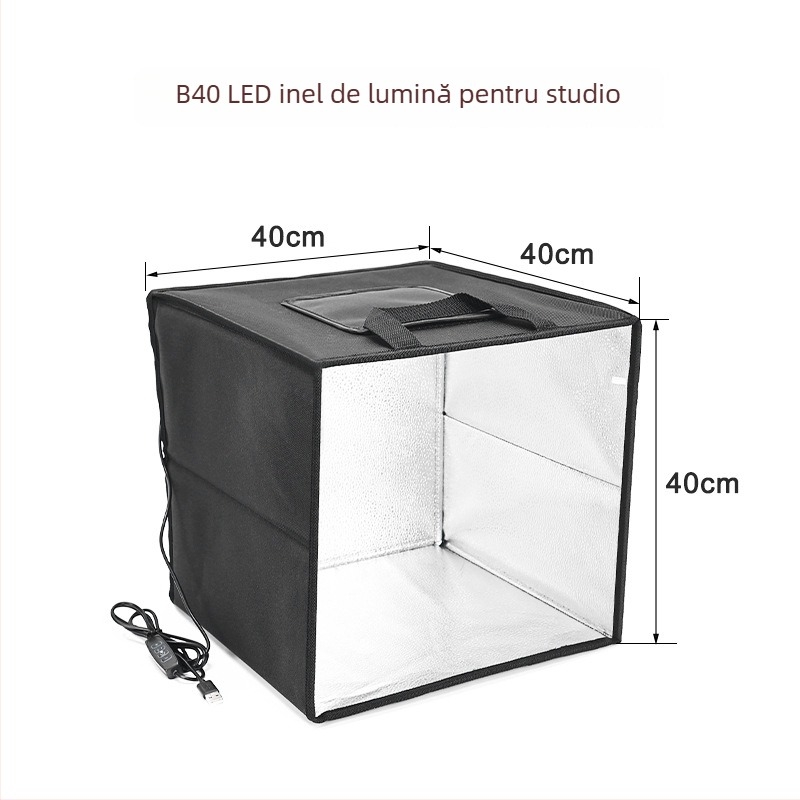 Cutie foto de studio pliabilă cu iluminare LED, model B40, include hârtie de fundal, greutate 2 kg