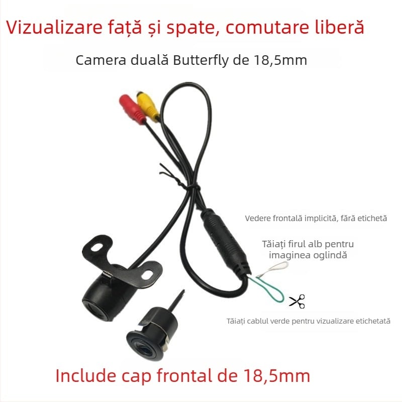 Cameră de mers înainte/înapoi cu dublu obiectiv pentru autovehicule 12V, HD 18.5, 688x488, CVBS, reglabilă la 90°
