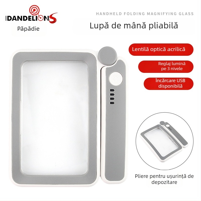 Lupa de mână pătrată pliabilă, cu încărcare USB, 10 LED-uri, iluminare în 3 trepte, afișaj baterie