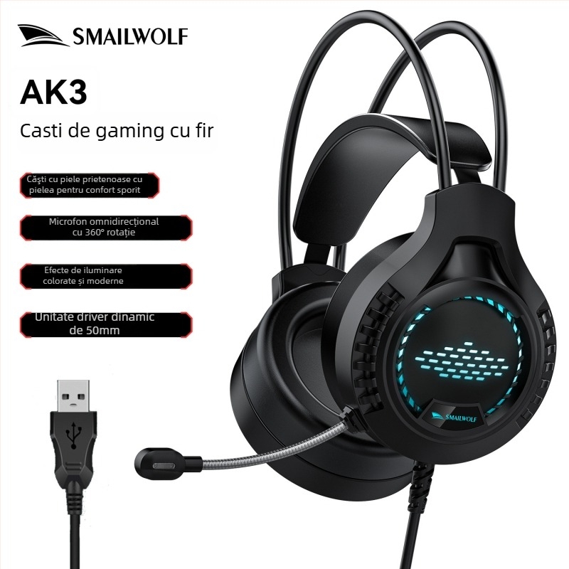 Căști de gaming Ak3, cu fir, difuzor 50mm, jack 3,5mm, 20–20kHz, microfon, pernite din piele sintetică, cablu 2m