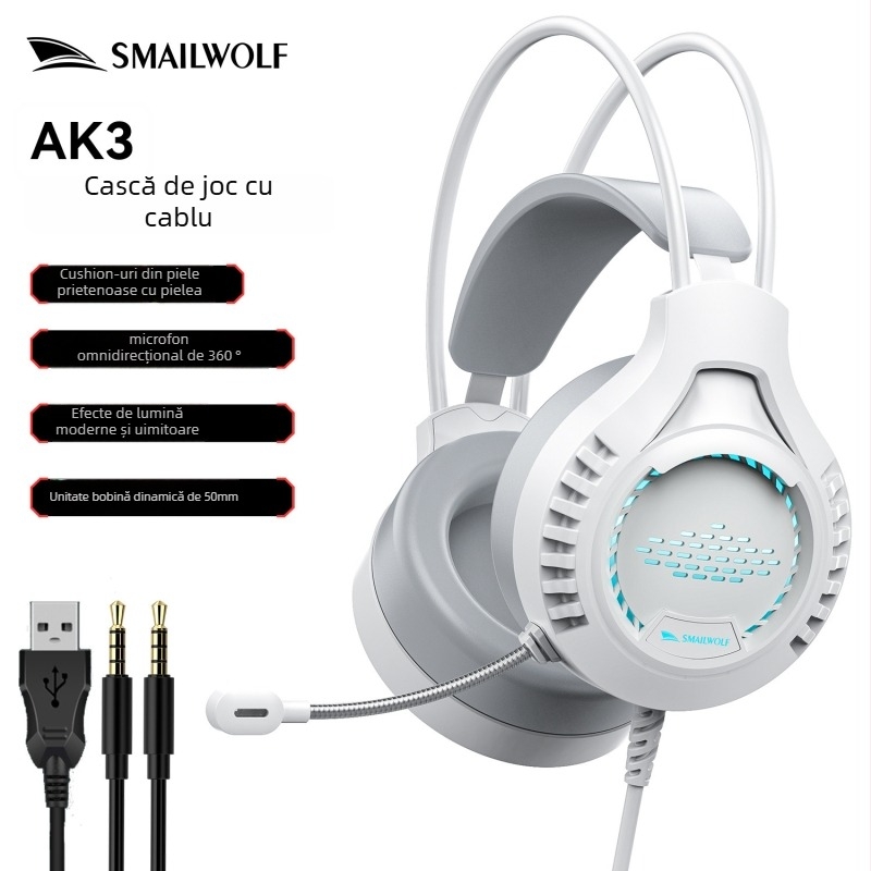 Căști de gaming Ak3, cu fir, difuzor 50mm, jack 3,5mm, 20–20kHz, microfon, pernite din piele sintetică, cablu 2m