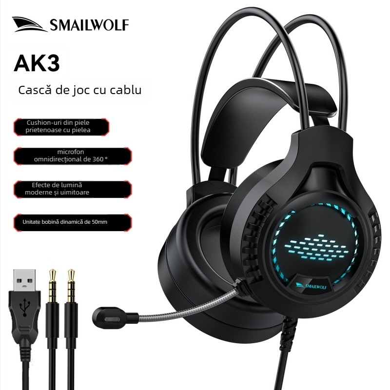 Căști de gaming Ak3, cu fir, difuzor 50mm, jack 3,5mm, 20–20kHz, microfon, pernite din piele sintetică, cablu 2m