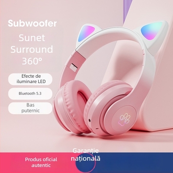 Căști Bluetooth cu urechi de pisică, purtare pe cap, căști de gaming fără fir, sunet stereo, Bluetooth 5.3, rază de 10 m, autonomie baterie peste 8 ore