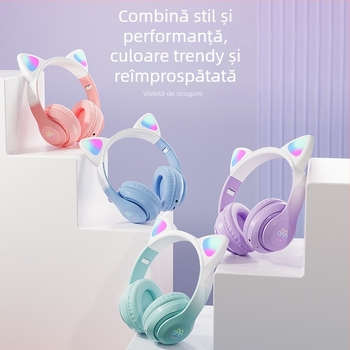 Căști Bluetooth cu urechi de pisică, purtare pe cap, căști de gaming fără fir, sunet stereo, Bluetooth 5.3, rază de 10 m, autonomie baterie peste 8 ore