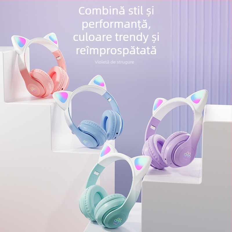 Căști Bluetooth cu urechi de pisică, purtare pe cap, căști de gaming fără fir, sunet stereo, Bluetooth 5.3, rază de 10 m, autonomie baterie peste 8 ore