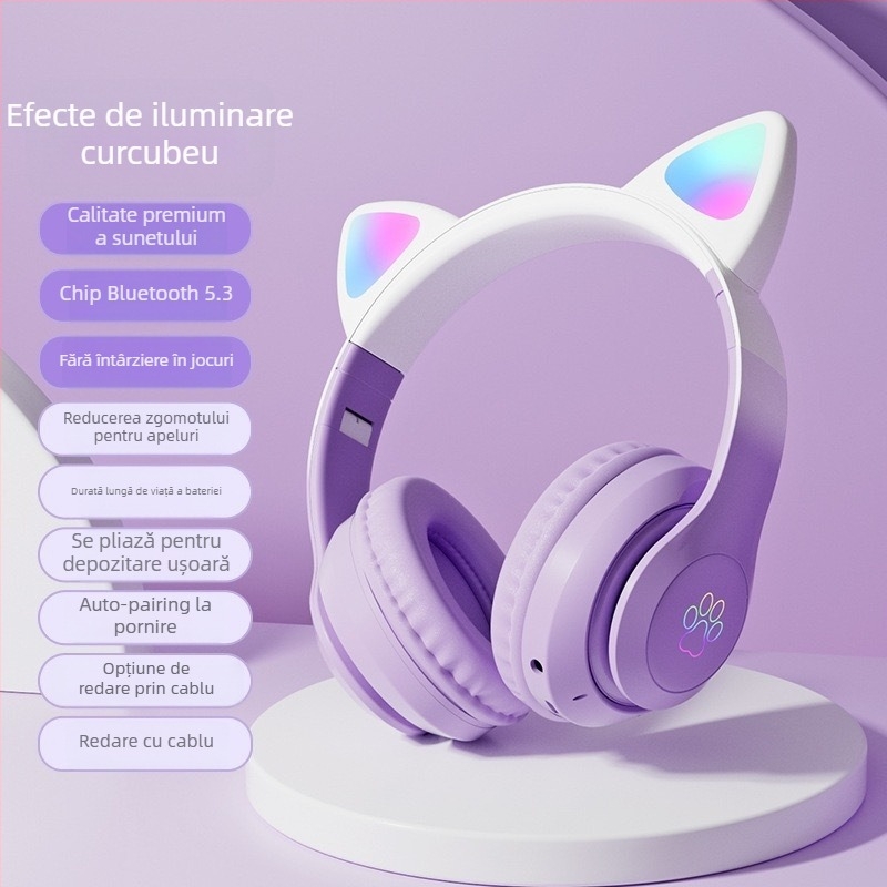 Căști Bluetooth cu urechi de pisică, purtare pe cap, căști de gaming fără fir, sunet stereo, Bluetooth 5.3, rază de 10 m, autonomie baterie peste 8 ore