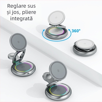 Încărcător wireless rotativ din metal pentru iPhone 17 — suport magnetic 3-în-1, încărcare rapidă PD, ieșire 15W+3W+2.5W (putere totală 20W)
