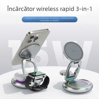 Încărcător wireless rotativ din metal pentru iPhone 17 — suport magnetic 3-în-1, încărcare rapidă PD, ieșire 15W+3W+2.5W (putere totală 20W)