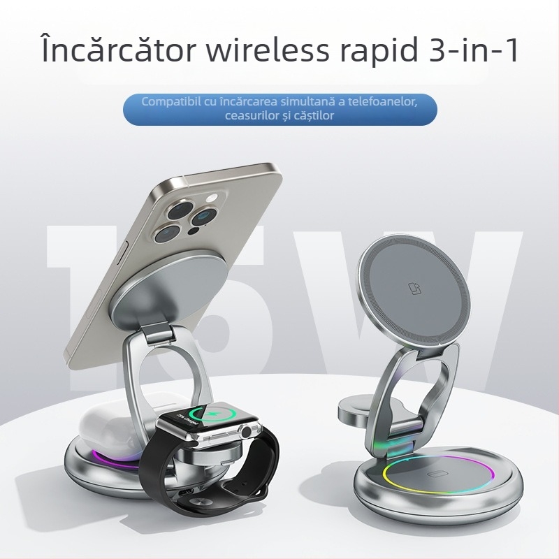 Încărcător wireless rotativ din metal pentru iPhone 17 — suport magnetic 3-în-1, încărcare rapidă PD, ieșire 15W+3W+2.5W (putere totală 20W)
