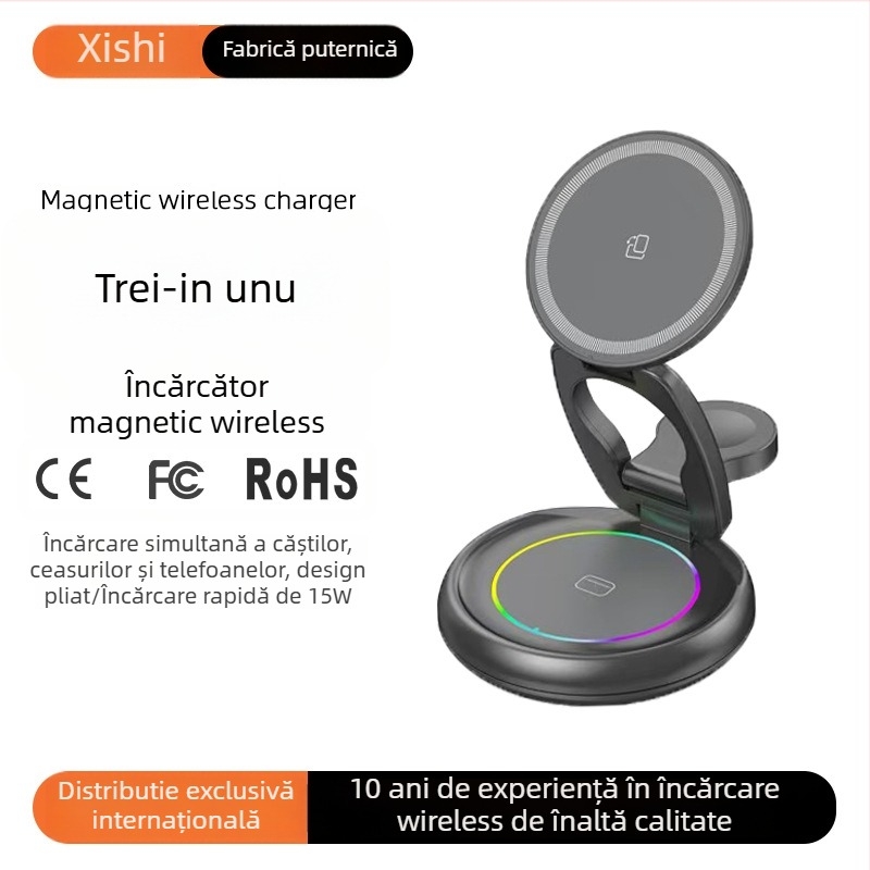 Încărcător Wireless Magnetic 3-în-1 cu Rotire — 15W PD Încărcare Rapidă, Încărcare Magnetică, Ieșire 3A, Compatibil cu Încărcătorul Wireless de Birou Apple
