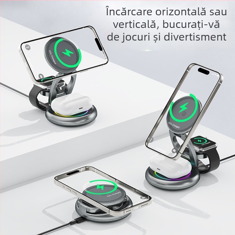Încărcător Wireless Magnetic 3-în-1 cu Rotire — 15W PD Încărcare Rapidă, Încărcare Magnetică, Ieșire 3A, Compatibil cu Încărcătorul Wireless de Birou Apple