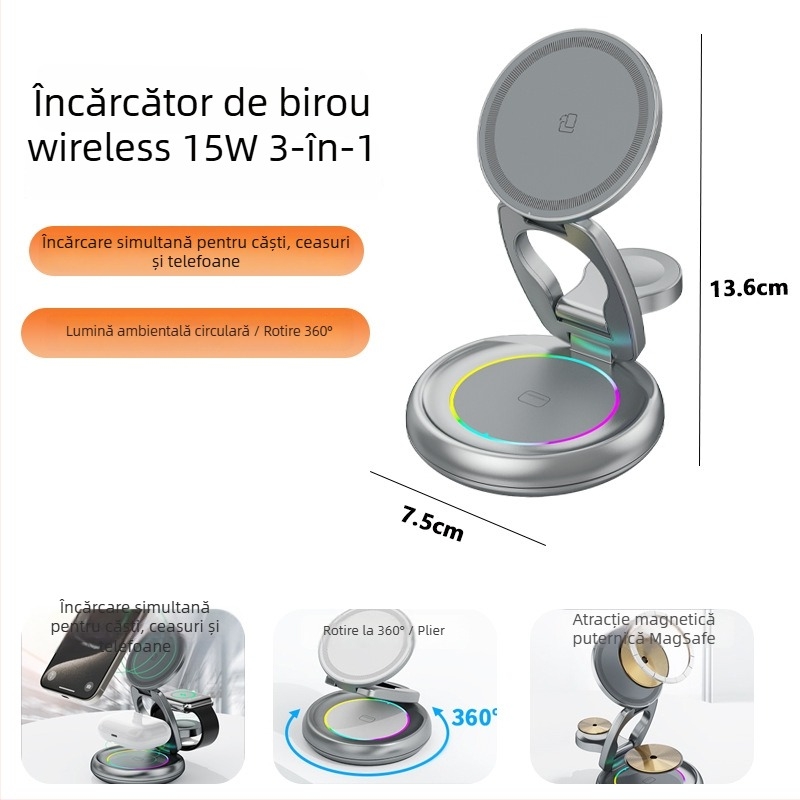 Încărcător Wireless Magnetic 3-în-1 cu Rotire — 15W PD Încărcare Rapidă, Încărcare Magnetică, Ieșire 3A, Compatibil cu Încărcătorul Wireless de Birou Apple