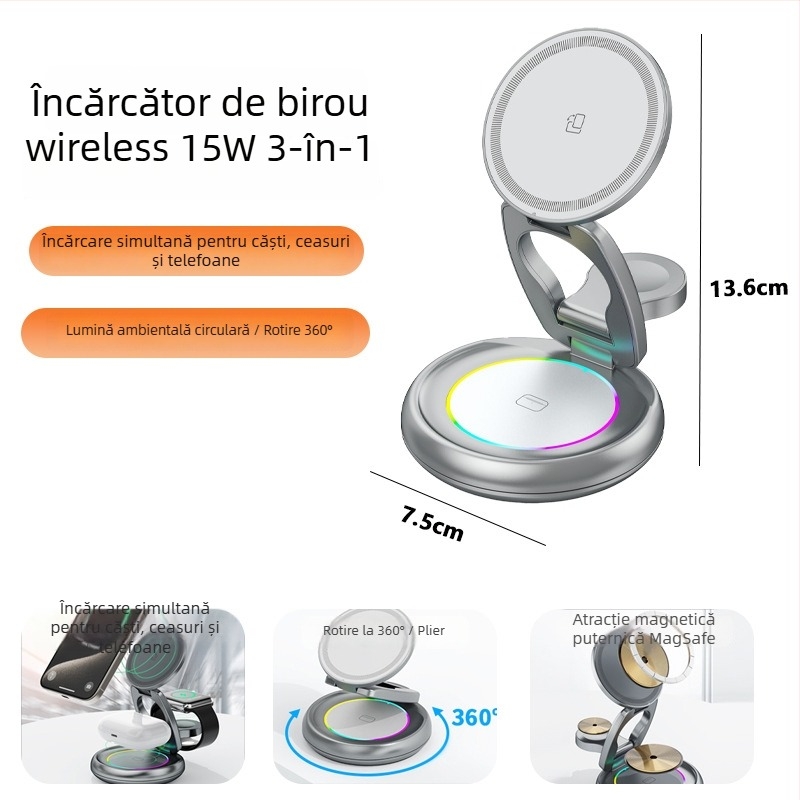 Încărcător Wireless Magnetic 3-în-1 cu Rotire — 15W PD Încărcare Rapidă, Încărcare Magnetică, Ieșire 3A, Compatibil cu Încărcătorul Wireless de Birou Apple