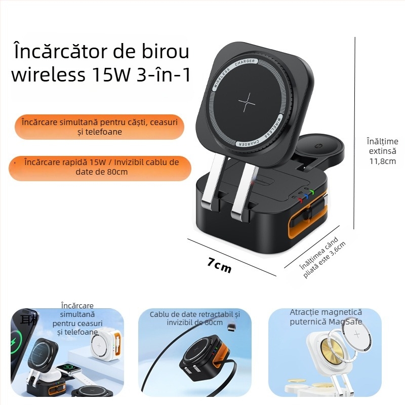 Încărcător Wireless Magnetic 3-în-1 cu Rotire — 15W PD Încărcare Rapidă, Încărcare Magnetică, Ieșire 3A, Compatibil cu Încărcătorul Wireless de Birou Apple