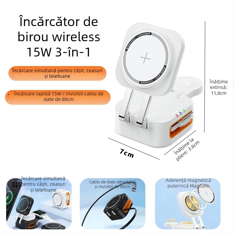 Încărcător Wireless Magnetic 3-în-1 cu Rotire — 15W PD Încărcare Rapidă, Încărcare Magnetică, Ieșire 3A, Compatibil cu Încărcătorul Wireless de Birou Apple