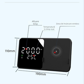 Încărcător wireless pliabil de 15W pentru birou cu ceas, afișaj temperatură și alarmă – Încărcare magnetică, QC3.0