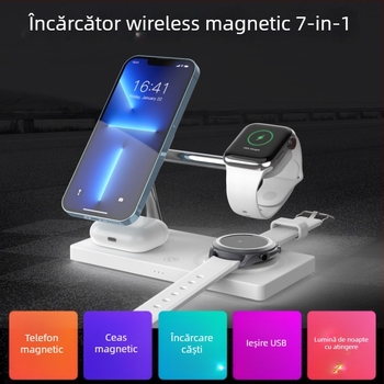 Dock de încărcare wireless 7-in-1 pentru ceas de birou cu lampă de noapte, încărcător magnetic Qi, încărcare rapidă 15W/35W