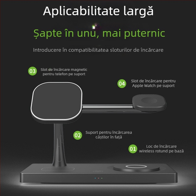 Dock de încărcare wireless 7-in-1 pentru ceas de birou cu lampă de noapte, încărcător magnetic Qi, încărcare rapidă 15W/35W
