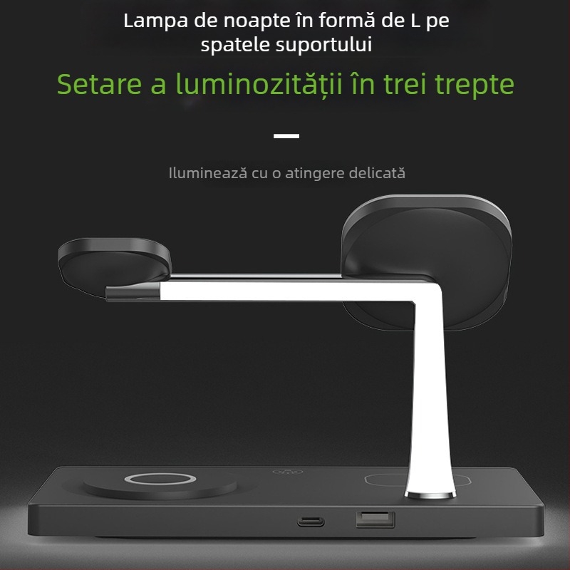 Dock de încărcare wireless 7-in-1 pentru ceas de birou cu lampă de noapte, încărcător magnetic Qi, încărcare rapidă 15W/35W