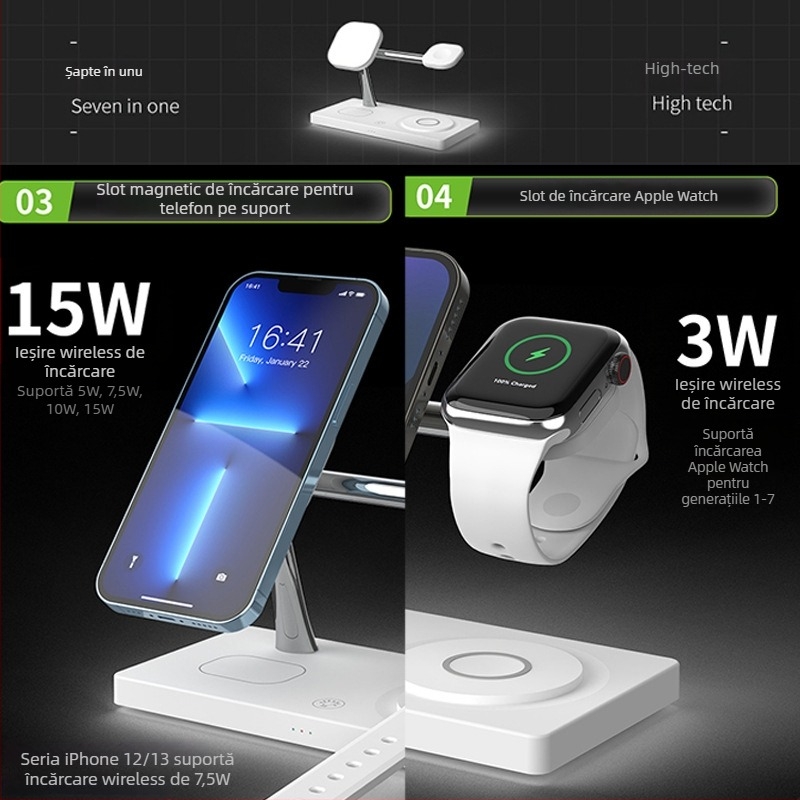 Dock de încărcare wireless 7-in-1 pentru ceas de birou cu lampă de noapte, încărcător magnetic Qi, încărcare rapidă 15W/35W