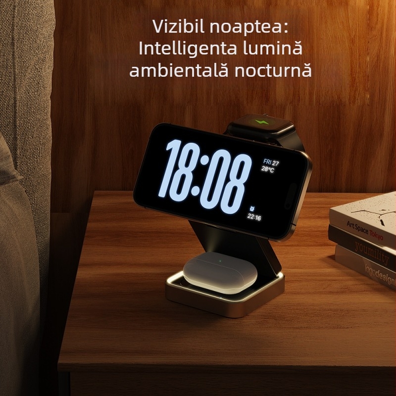 Încărcător wireless 3-in-1, magnetic Qi, 15W încărcare rapidă pentru dispozitive Apple, suport pliabil