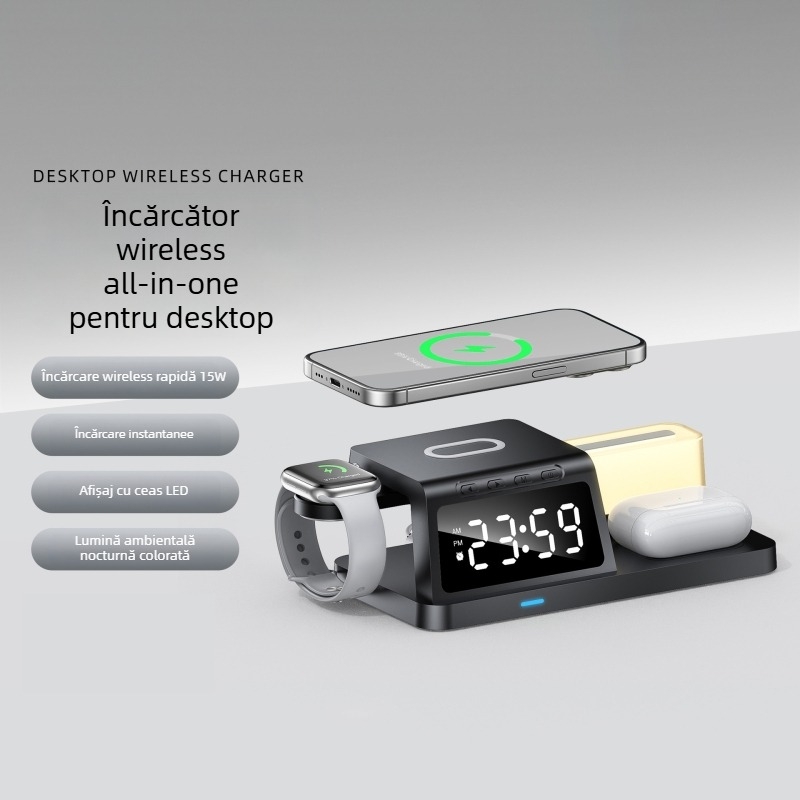 Încărcător wireless pentru ceas cu cinci funcții 15W, iluminare ambientală, pentru iPhone – încărcător portabil rapid integrat, QC3.0, moduri 15/10/7.5/5/3W