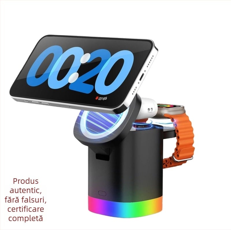 Încărcător wireless magnetic 3 în 1, pliabil pentru birou cu MagSafe, max. 15W, USB-C