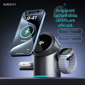 Qi2 certificat MagSafe 3 în 1 încărcător wireless cu suport rotativ de birou, PD încărcare rapidă