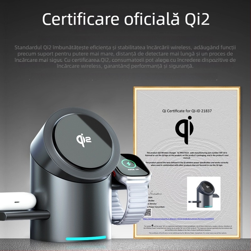 Qi2 certificat MagSafe 3 în 1 încărcător wireless cu suport rotativ de birou, PD încărcare rapidă