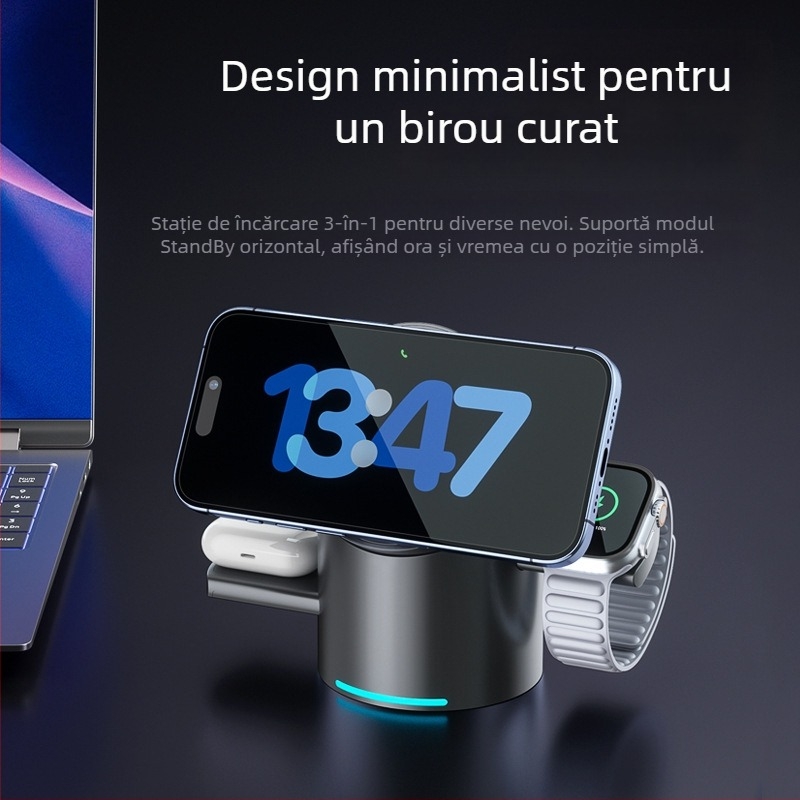 Qi2 certificat MagSafe 3 în 1 încărcător wireless cu suport rotativ de birou, PD încărcare rapidă