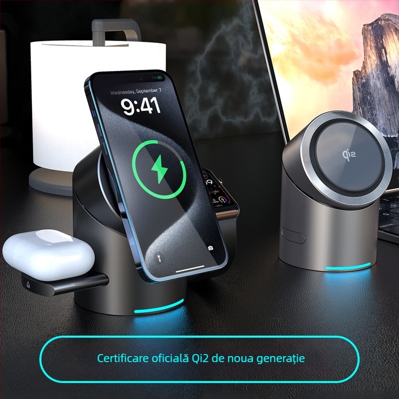 Qi2 certificat MagSafe 3 în 1 încărcător wireless cu suport rotativ de birou, PD încărcare rapidă