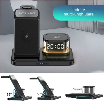 Stație de încărcare wireless pentru ceas cu lampă de noapte – 15W, USB-C, QC3.0, suport pliabil multifuncțional cu afișaj digital