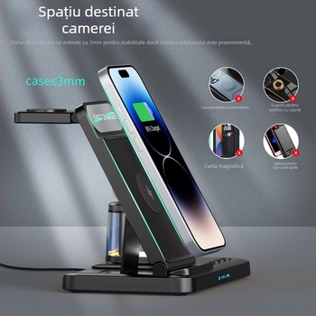 Stație de încărcare wireless pentru ceas cu lampă de noapte – 15W, USB-C, QC3.0, suport pliabil multifuncțional cu afișaj digital