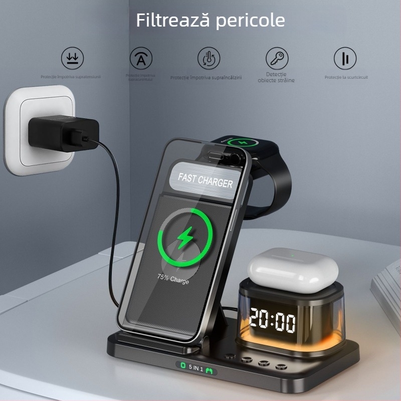 Stație de încărcare wireless pentru ceas cu lampă de noapte – 15W, USB-C, QC3.0, suport pliabil multifuncțional cu afișaj digital