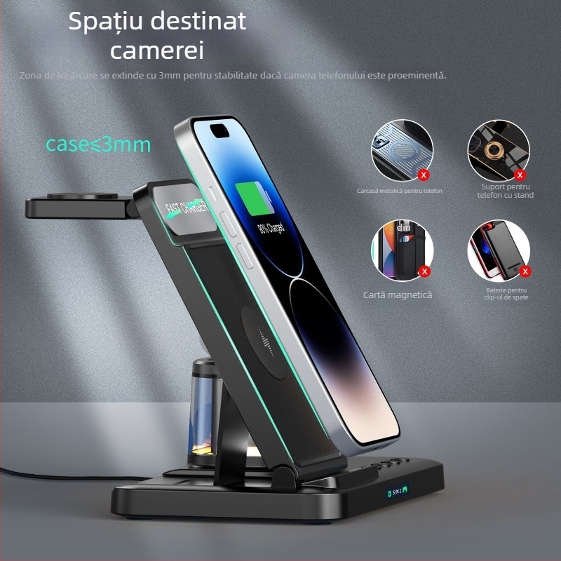 Stație de încărcare wireless pentru ceas cu lampă de noapte – 15W, USB-C, QC3.0, suport pliabil multifuncțional cu afișaj digital