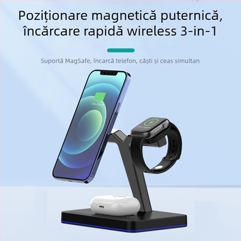 Încărcător wireless magnetic 3 în 1 pentru Apple Watch și AirPods (putere totală 27W, încărcare magnetică, QC3.0, 9V/3A)
