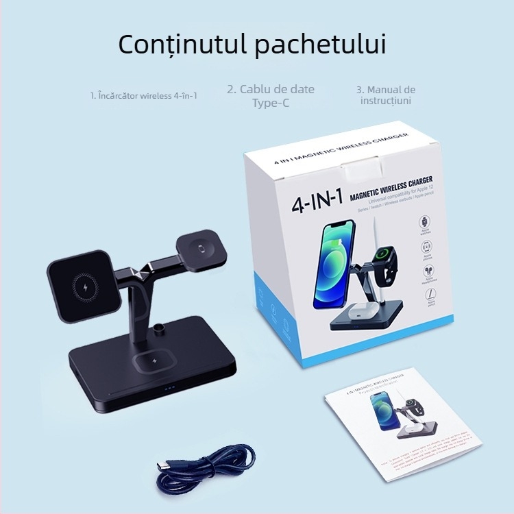 Încărcător wireless magnetic 3 în 1 pentru Apple Watch și AirPods (putere totală 27W, încărcare magnetică, QC3.0, 9V/3A)