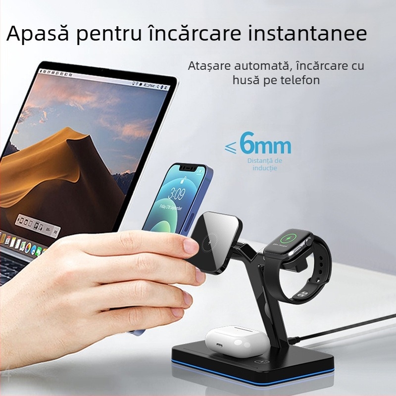 Încărcător wireless magnetic 3 în 1 pentru Apple Watch și AirPods (putere totală 27W, încărcare magnetică, QC3.0, 9V/3A)