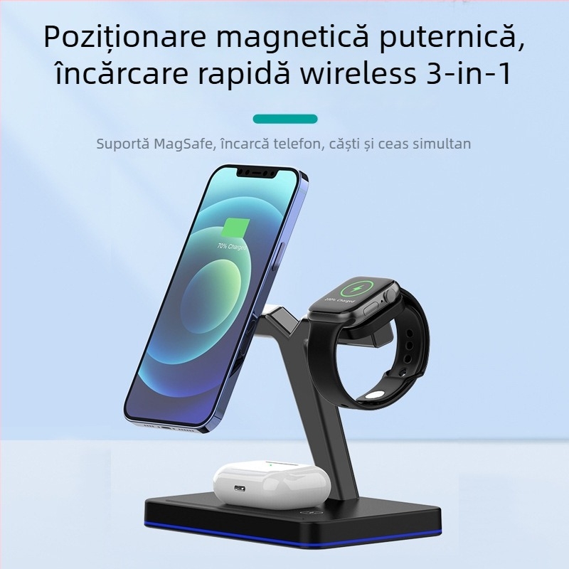 Încărcător wireless magnetic 3 în 1 pentru Apple Watch și AirPods (putere totală 27W, încărcare magnetică, QC3.0, 9V/3A)