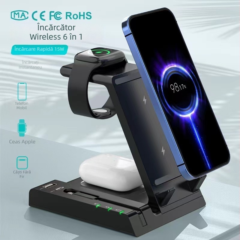 Încărcător wireless șase în unu cu PD pentru seria iPhone, ieșire 35W, putere totală 50W, certificat Qi/CE/ROHS, cu suport pentru telefon