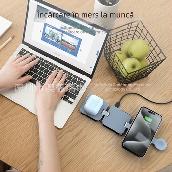 Încărcător wireless metalic 3-în-1 pentru telefon și Apple Watch, cu dock magnetic pliabil, 15W, Qi QC3.0