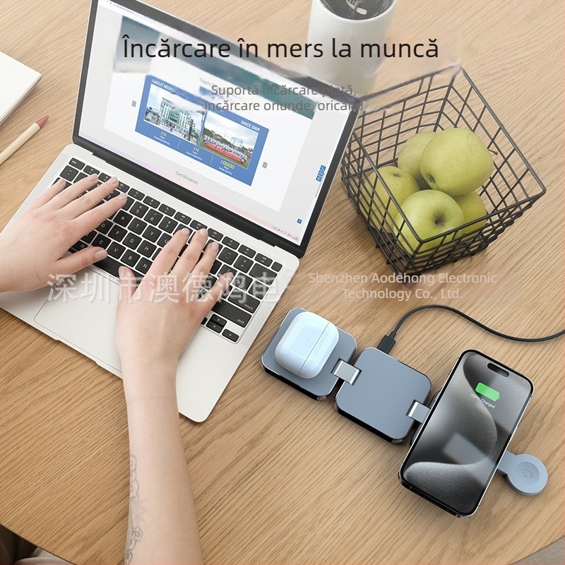 Încărcător wireless metalic 3-în-1 pentru telefon și Apple Watch, cu dock magnetic pliabil, 15W, Qi QC3.0