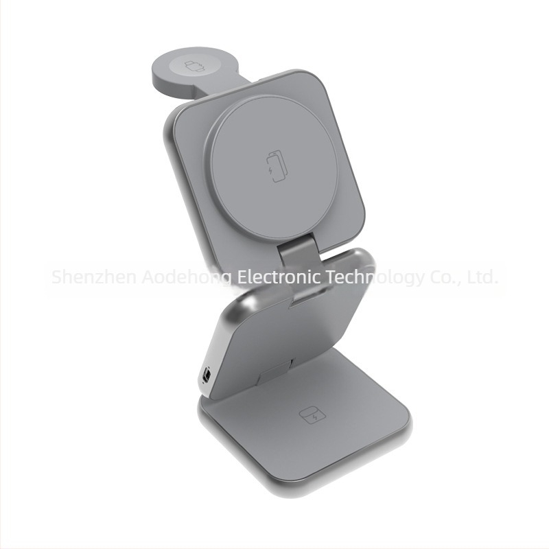 Încărcător wireless metalic 3-în-1 pentru telefon și Apple Watch, cu dock magnetic pliabil, 15W, Qi QC3.0