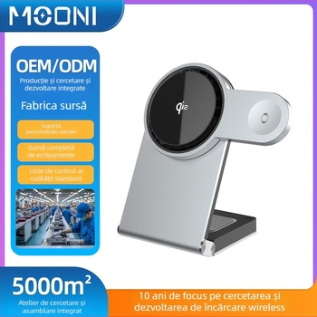 Suport de încărcare wireless 3-în-1 cu disipare termică eficientă pentru iPhone, Apple Watch și AirPods; putere maximă de 15W; încărcare magnetică; protocol QC4.0; design pliabil și portabil